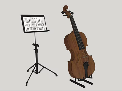 Premium Wooden Violin With Music Stand And Sheet Music Notes 3d model