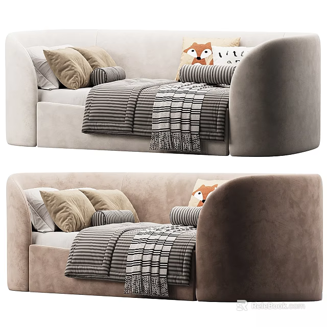 Cozy Kids Bed Design With Plush Upholstery Soft Mattress Striped Blanket And Animal Pillow 3d model 