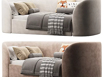 Cozy Kids Bed Design With Plush Upholstery Soft Mattress Striped Blanket And Animal Pillow 3d model