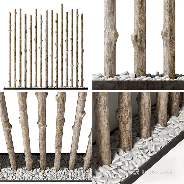 Natural Wooden Divider With Vertical Branch Sticks And Pebble Base Decoration 3d model 