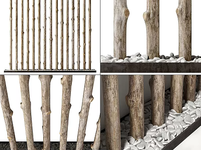 Natural Wooden Divider With Vertical Branch Sticks And Pebble Base Decoration 3d model