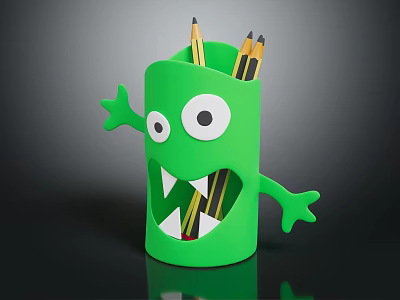 Green Monster Shaped Pen Holder With Cute Eyes Arms And Pencils For Desk Stationery 3d model