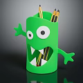 Green Monster Shaped Pen Holder With Cute Eyes Arms And Pencils For Desk Stationery
