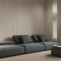 Modern Gray Sofa And Round Coffee Table Set With Wooden Wall And Plant