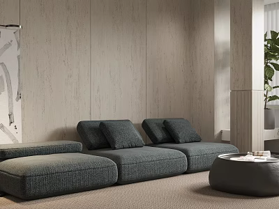 Modern Gray Sofa And Round Coffee Table Set With Wooden Wall And Plant 3d model