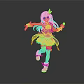 Anime Style Character With Brown Long Hair Red Hair Accessory Blue Outfit Holding Microphone Dancing