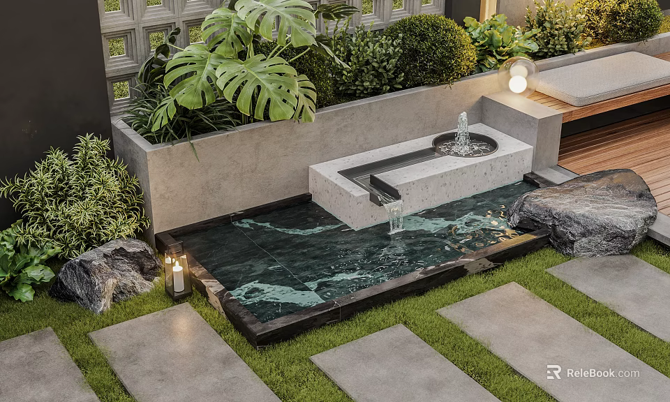 Outdoor Water Fountain Feature With Lush Greenery Stone Path And Ambient Lighting 3d model 