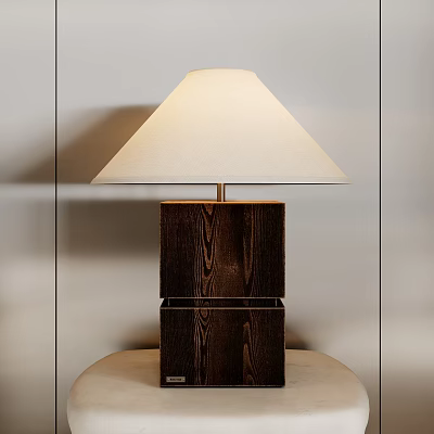 Modern Minimalist Table Lamp with Off White Fabric Shade and Dark Wooden Square Base 3d model