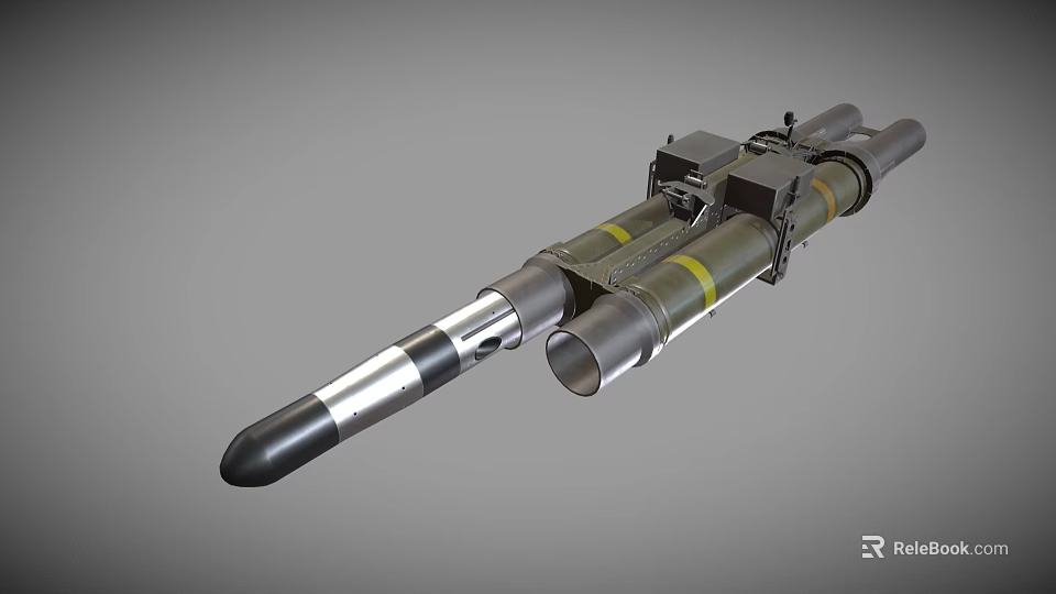 Military Dual Tube Missile Launcher With Green Body Silver Tips And Yellow Stripes 3d model 