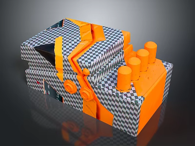 Abstract Orange And Black White Checkered Geometric Model With Stacked Boxes And Cylindrical Parts 3d model