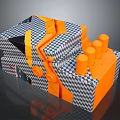 Abstract Orange And Black White Checkered Geometric Model With Stacked Boxes And Cylindrical Parts
