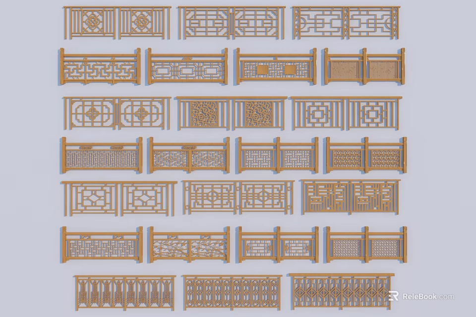 Wooden Railings With Various Ornate Designs Different Decorative Patterns Collection 3d model