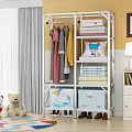Blue Star Patterned Fabric Wardrobe With Hanging Folded Clothes And Storage Boxes