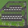 Orderly Garden Landscape With Arranged Structures Green Plants Trees And Pathways