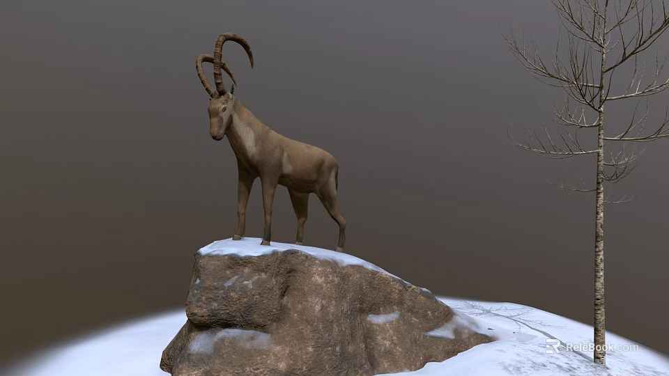 Game Movie Character Ibex with Large Curved Horns Standing on Snowy Rocky Cliff 3d model 