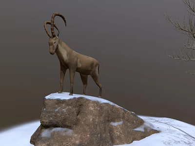 Game Movie Character Ibex with Large Curved Horns Standing on Snowy Rocky Cliff 3d model
