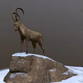 Game Movie Character Ibex with Large Curved Horns Standing on Snowy Rocky Cliff