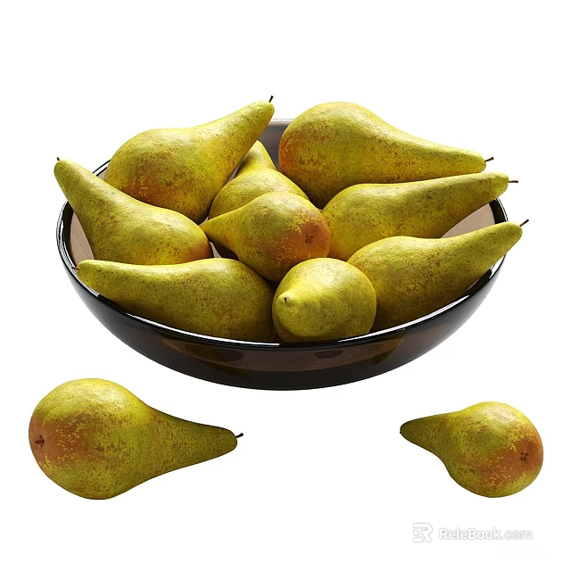 Fresh Yellow Green Pears with Red Spots in a Bowl and Some Outside 3d model 