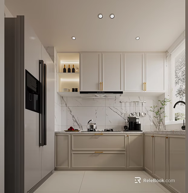 Elegant Modern Kitchen Interior With White Cabinets Gold Handles And Marble Countertops 3d model 