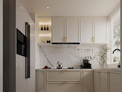Elegant Modern Kitchen Interior With White Cabinets Gold Handles And Marble Countertops 3d model