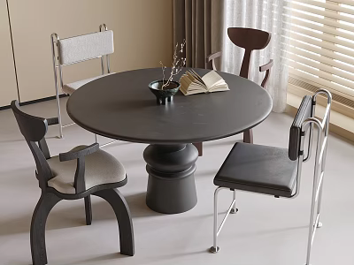 Modern Dining Chairs With Various Designs Around Round Dark Dining Table In Dining Room 3d model