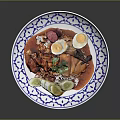Blue White Patterned Plate With Rice Fried Egg Meat Slices Cucumber And Red Sauce