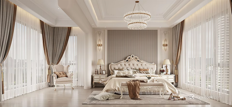 Luxurious Bedroom Interior With King Size Bed Crystal Chandelier Nightstands And Curtains 3d model 