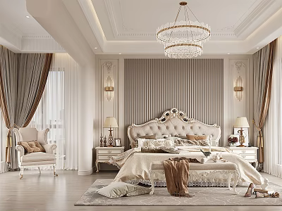 Luxurious Bedroom Interior With King Size Bed Crystal Chandelier Nightstands And Curtains 3d model