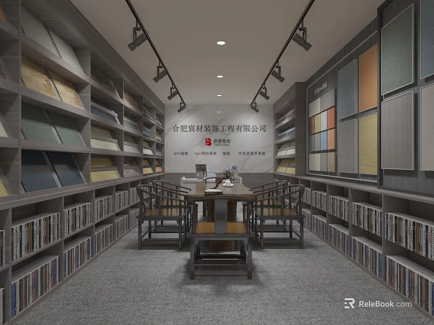 Material Showroom Interior with Shelves of Various Color Panels and Central Table Chairs 3d model 