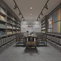 Material Showroom Interior with Shelves of Various Color Panels and Central Table Chairs