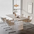 Modern Dining Table Set With White Chairs Vase Book Near Window Blinds And Pendant Light