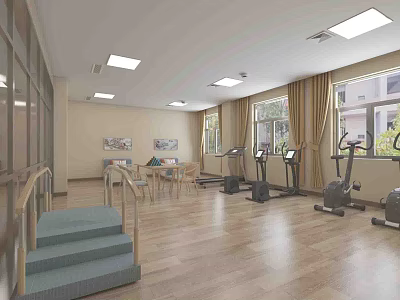 Spacious Fitness Center With Treadmills Exercise Equipment Tables Chairs And Wooden Floor 3d model