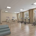 Spacious Fitness Center With Treadmills Exercise Equipment Tables Chairs And Wooden Floor