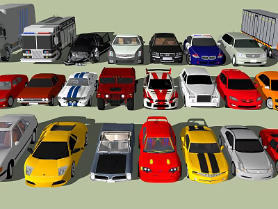 Various Types of Cars Including Sedans Sports Cars Trucks RVs in Diverse Colors Arranged Neatly 3d model