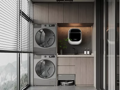 Modern Laundry Room With Stacked Washer Dryer Wooden Cabinets And Window Blinds 3d model