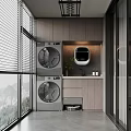 Modern Laundry Room With Stacked Washer Dryer Wooden Cabinets And Window Blinds