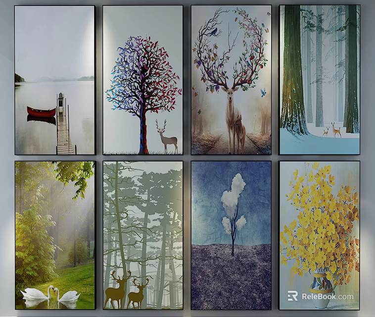 Botanical Paintings Collection With Trees Deer Forests Swans And Floral Art 3d model 