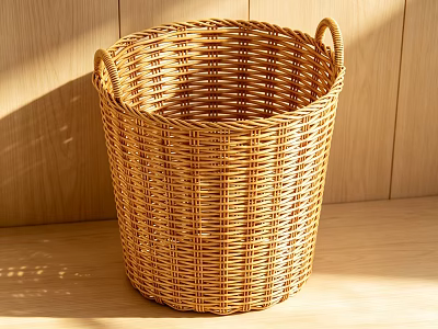 Handwoven Wicker Basket For Daily Necessities Storage On Wooden Surface With Sunlight 3d model