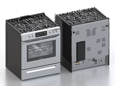 Stainless Steel Kitchen Gas Range Oven Front Back View With Internal Components 3d model