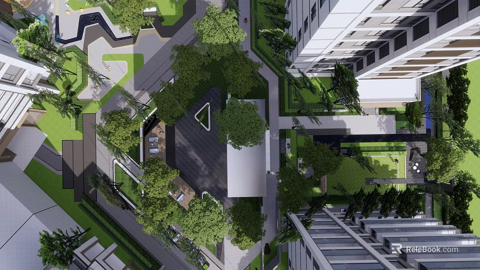Modern Residential Landscape With High Rise Buildings Lush Green Trees And Pedestrian Walkways 3d model 