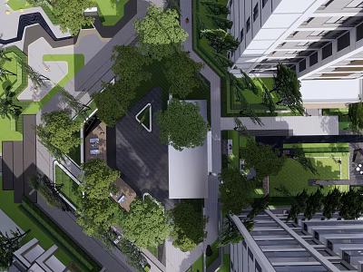 Modern Residential Landscape With High Rise Buildings Lush Green Trees And Pedestrian Walkways 3d model
