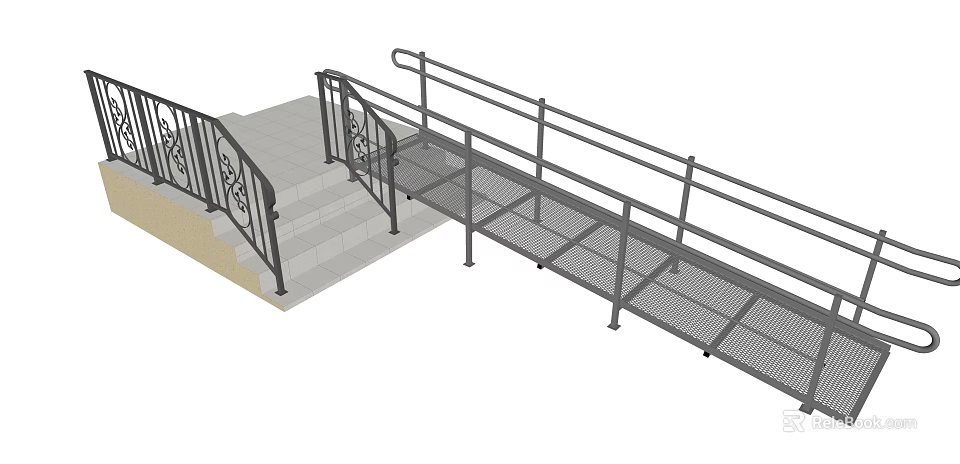Accessible Road Facilities with Concrete Steps Safety Handrails and Wheelchair Ramp 3d model 
