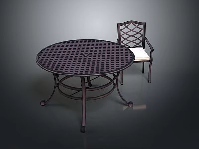 Metal Round Dining Table Set With Grid Patterned Tabletop Lattice Backrest Chair And White Cushion 3d model