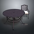 Metal Round Dining Table Set With Grid Patterned Tabletop Lattice Backrest Chair And White Cushion