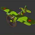 Aerospace Themed Vintage Green Black Camouflage Biplane Model With Red Star And Yellow Propeller
