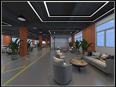 Modern Indoor Lounge Space With Gray Sofas Round Coffee Tables Green Plants And Orange Pillars 3d model