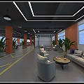 Modern Indoor Lounge Space With Gray Sofas Round Coffee Tables Green Plants And Orange Pillars