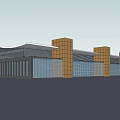 Modern Architectural Structure With Wavy Roof Brick Columns And Glass Curtain Walls