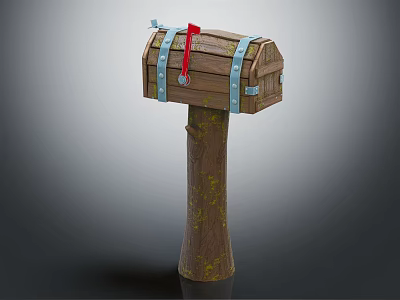 Wooden Mailbox With Metal Straps Red Ribbon Key And Mossy Tree Trunk Post 3d model
