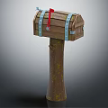 Wooden Mailbox With Metal Straps Red Ribbon Key And Mossy Tree Trunk Post